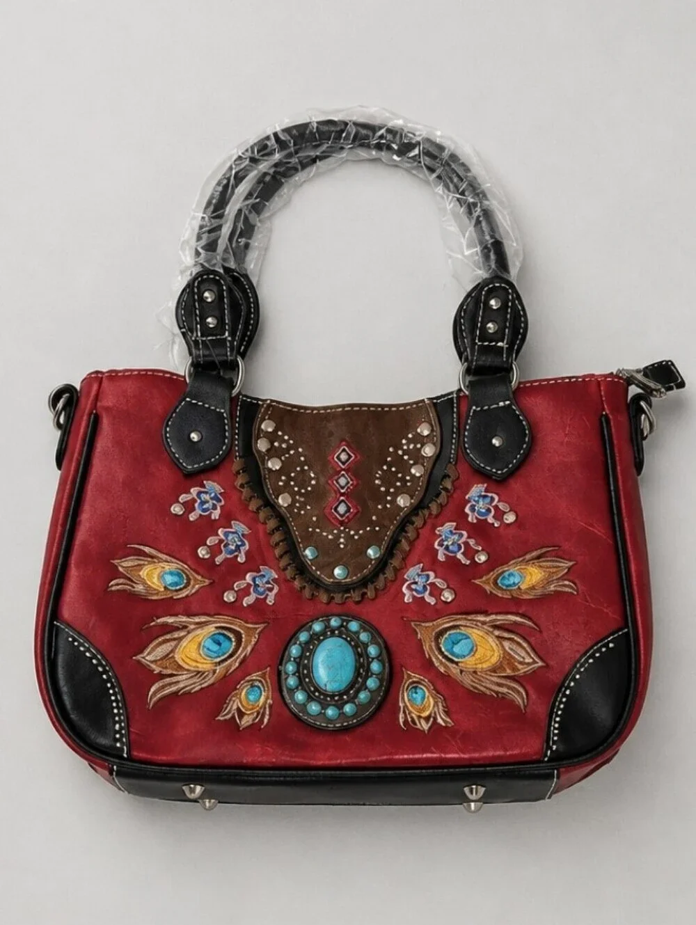 Red Embroidered Turquoise Accent Satchel Handbag